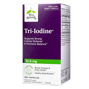 Terry Naturally Tri-Iodine 12.5 mg 180 capsules box, purple and white package with supplement facts label side
