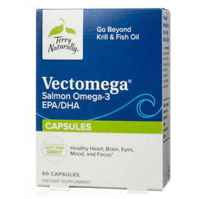 Terry Naturally Vectomega Salmon Omega-3 EPA/DHA 60 capsules box, blue and white package with green capsules band