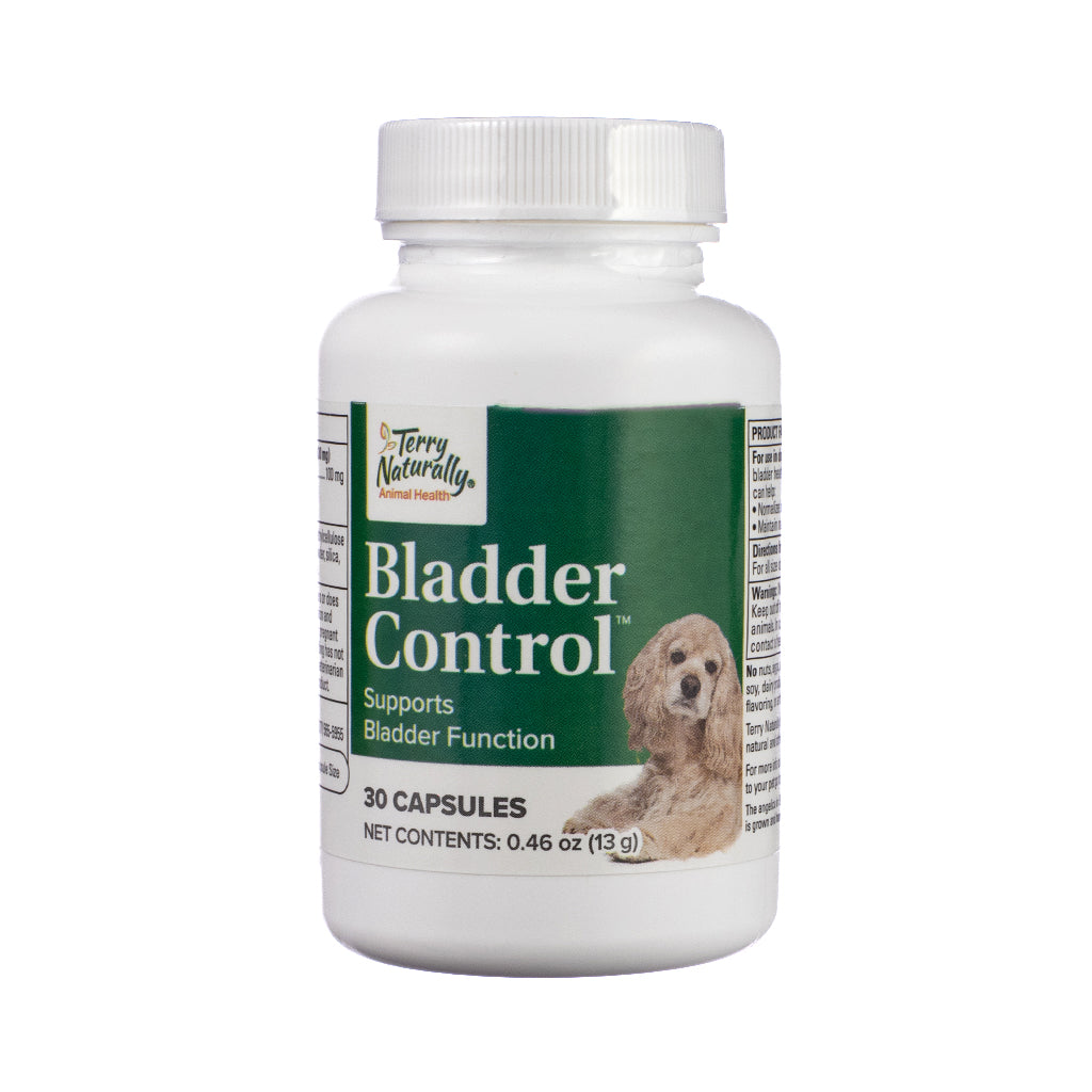 Terry Naturally Animal Health Bladder Control Capsules, front label designed for pet health, promoting bladder support for dogs and cats with veterinarian-formulated ingredients.