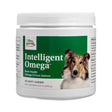White container of Terry Naturally Animal Health Intelligent Omega with 60 soft chews. Features a photo of a dog and promotes brain health with omega-3 from salmon.