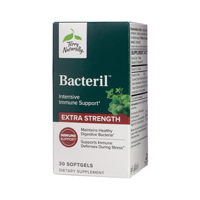 Terry Naturally Bacteril Extra Strength softgels box, green and white carton with 30 softgels label