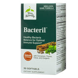  Terry Naturally Bacteril Softgels, 30-count, angled front view. The packaging displays the product's name, key benefits for immune support and healthy bacteria balance, and an "Immune Defense" badge. The supplement facts panel is partially visible on the side.

