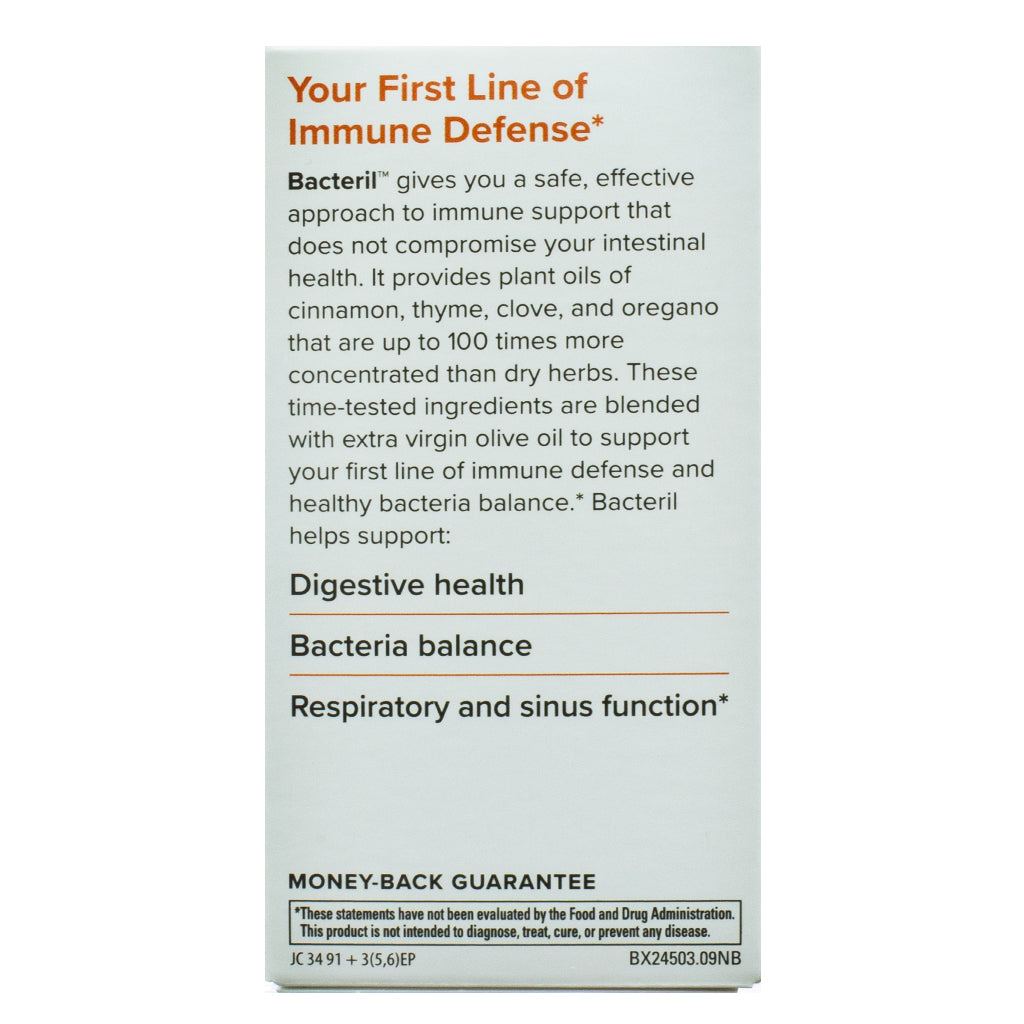 Terry Naturally Bacteril Softgels, 30-count, back label view. The text describes Bacteril™ as a natural immune support supplement containing concentrated plant oils of cinnamon, thyme, clove, and oregano. It highlights benefits for digestive health, bacteria balance, and respiratory and sinus function. A money-back guarantee and FDA disclaimer are included at the bottom.