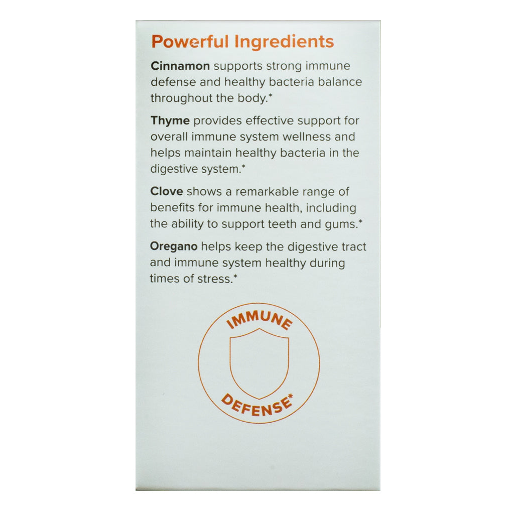 Terry Naturally Bacteril Softgels, 30-count, back label view. The packaging lists key ingredients: cinnamon, thyme, clove, and oregano, highlighting their immune-supporting benefits. The label emphasizes immune defense with a circular shield logo at the bottom.

