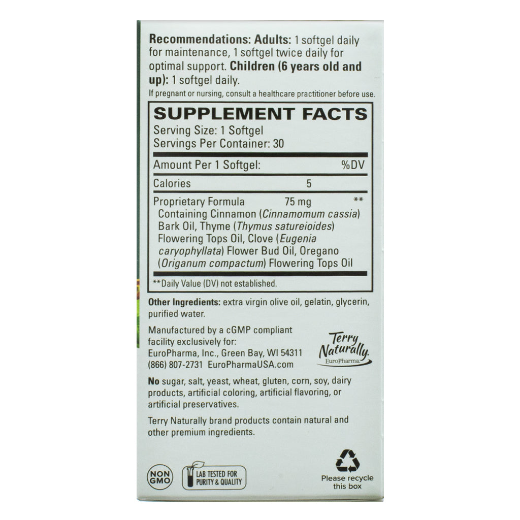 Terry Naturally Bacteril Softgels, 30-count, supplement facts panel. It lists a proprietary formula (75 mg) containing cinnamon bark oil, thyme flowering tops oil, clove flower bud oil, and oregano flowering tops oil. The panel also includes dosage recommendations for adults and children, other ingredients (extra virgin olive oil, gelatin, glycerin, purified water), and manufacturing details. Certifications for Non-GMO, lab testing, and recycling are displayed at the bottom.