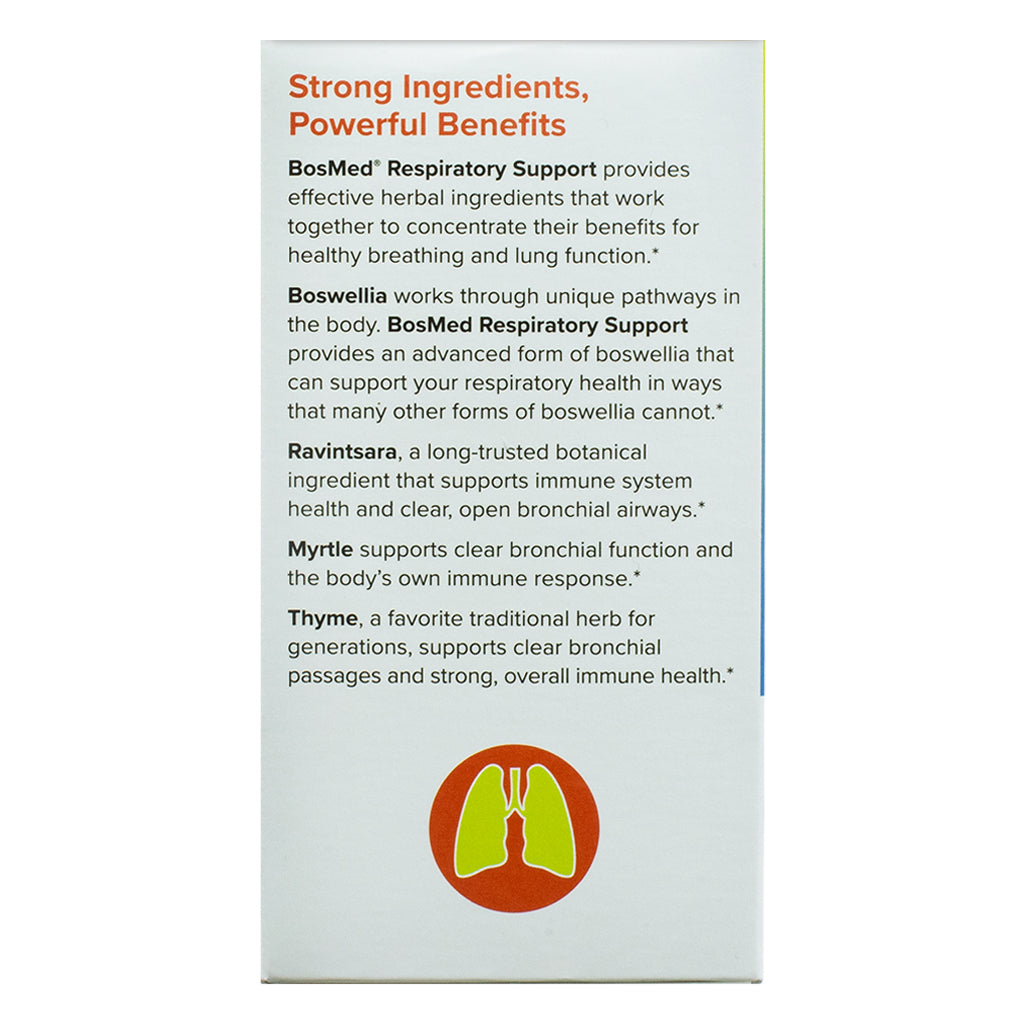 Back of a Terry Naturally BosMed Respiratory Support box highlighting key ingredients and benefits. Features Boswellia for respiratory health, Ravintsara for immune and airway support, Myrtle for bronchial function, and Thyme for clear airways and immune health. Text emphasizes the herbal blend’s role in promoting healthy breathing and lung function.