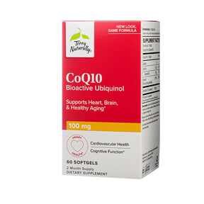 Terry Naturally CoQ10 Bioactive Ubiquinol 100 mg 60 softgels box, red and white carton with supplement facts label
