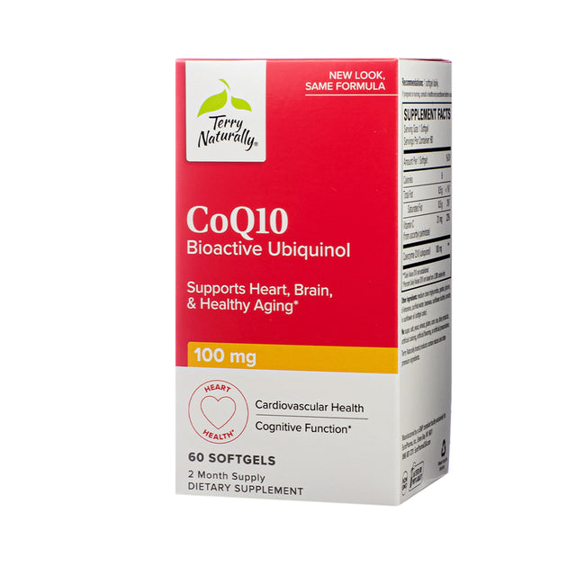 Box of Terry Naturally CoQ10 Bioactive Ubiquinol, 100 mg strength, promoting heart, brain, and healthy aging. Contains 60 softgels and supports cardiovascular health and cognitive function.