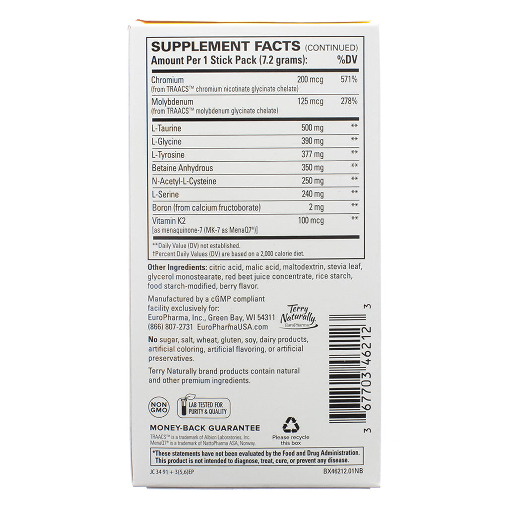 Extended supplement facts panel of Terry Naturally Fatigued to Fantastic! Energy Revitalization 12 Stick Packs, detailing additional nutrients like chromium, molybdenum, amino acids, betaine anhydrous, and vitamin K2. The label also includes a list of other ingredients and manufacturing details, emphasizing purity and quality standards.