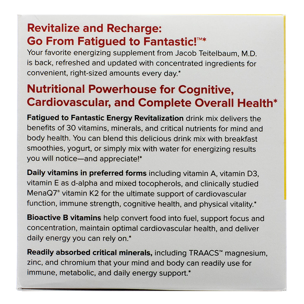 A close-up of the back label of Terry Naturally Fatigued to Fantastic! Energy Revitalization Drink Mix, 7.6 oz. The label highlights the product’s benefits, including support for cognitive, cardiovascular, and overall health. It mentions key ingredients such as vitamins A, D3, E, K2, bioactive B vitamins, and TRAACS® minerals for energy and metabolic support.