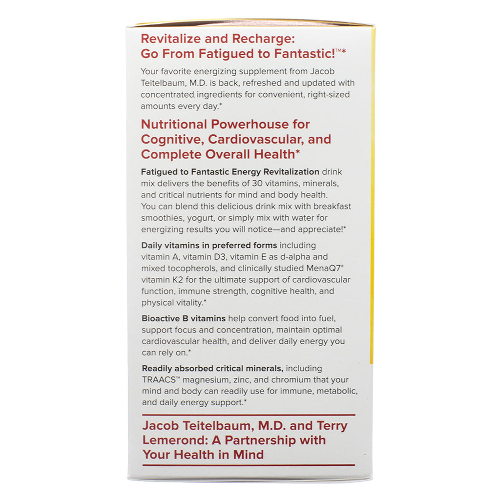 Back label of Terry Naturally Fatigued to Fantastic! Energy Revitalization 12 Stick Packs, displaying product benefits, ingredients, and key features. The text highlights energy-boosting vitamins, minerals, and clinically studied nutrients for cognitive, cardiovascular, and overall health.