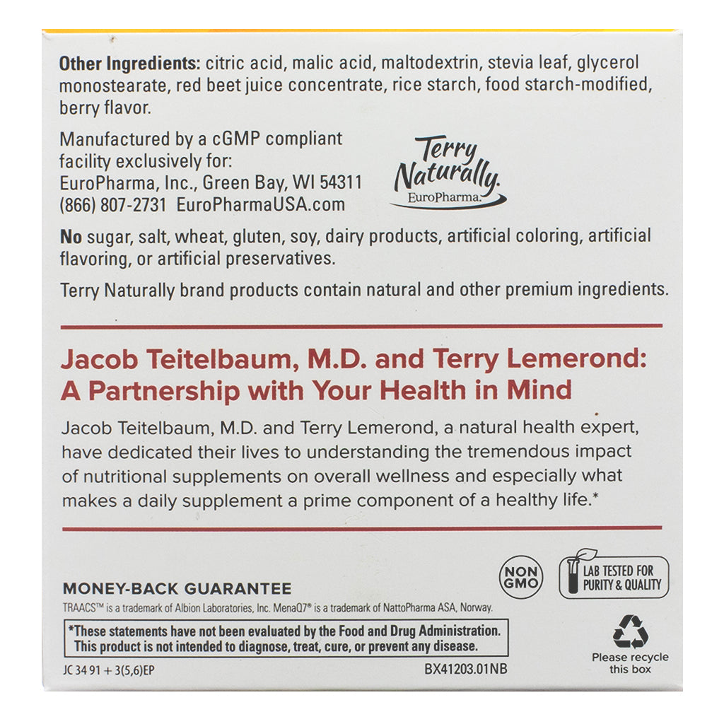 A back-facing image of Terry Naturally Fatigued to Fantastic! Energy Revitalization Drink Mix, 7.6 oz. The label includes a description of the product’s ingredients, manufacturing details, and certifications such as non-GMO and lab-tested for purity and quality. It also highlights a message from Jacob Teitelbaum, M.D., about the importance of nutritional supplements for overall wellness.