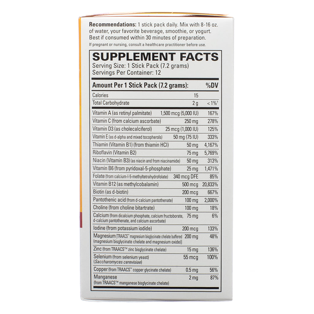 Supplement facts panel of Terry Naturally Fatigued to Fantastic! Energy Revitalization 12 Stick Packs, listing vitamins, minerals, and nutrients per serving. The label details amounts of Vitamin A, C, D3, E, B-complex, magnesium, zinc, and other essential nutrients designed for energy and overall health support.