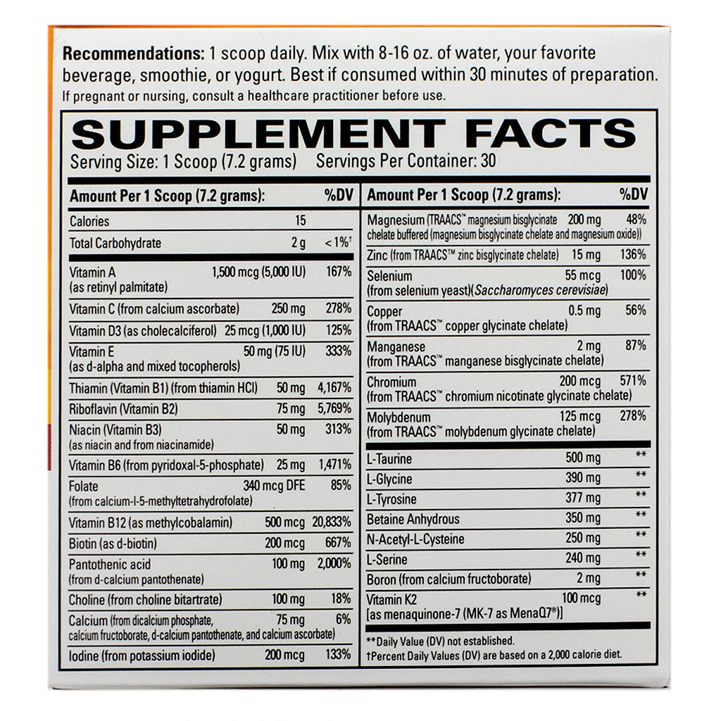 A close-up of the supplement facts panel on the Terry Naturally Fatigued to Fantastic! Energy Revitalization Drink Mix, 7.6 oz. The label lists essential vitamins, minerals, and amino acids per serving, including vitamins A, C, D3, E, K2, B-complex, magnesium, zinc, and L-Taurine. It also provides dosage recommendations and a daily value percentage for key nutrients.