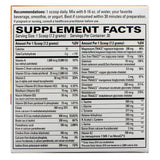 A close-up of the supplement facts panel on the Terry Naturally Fatigued to Fantastic! Energy Revitalization Drink Mix, 7.6 oz. The label lists essential vitamins, minerals, and amino acids per serving, including vitamins A, C, D3, E, K2, B-complex, magnesium, zinc, and L-Taurine. It also provides dosage recommendations and a daily value percentage for key nutrients.