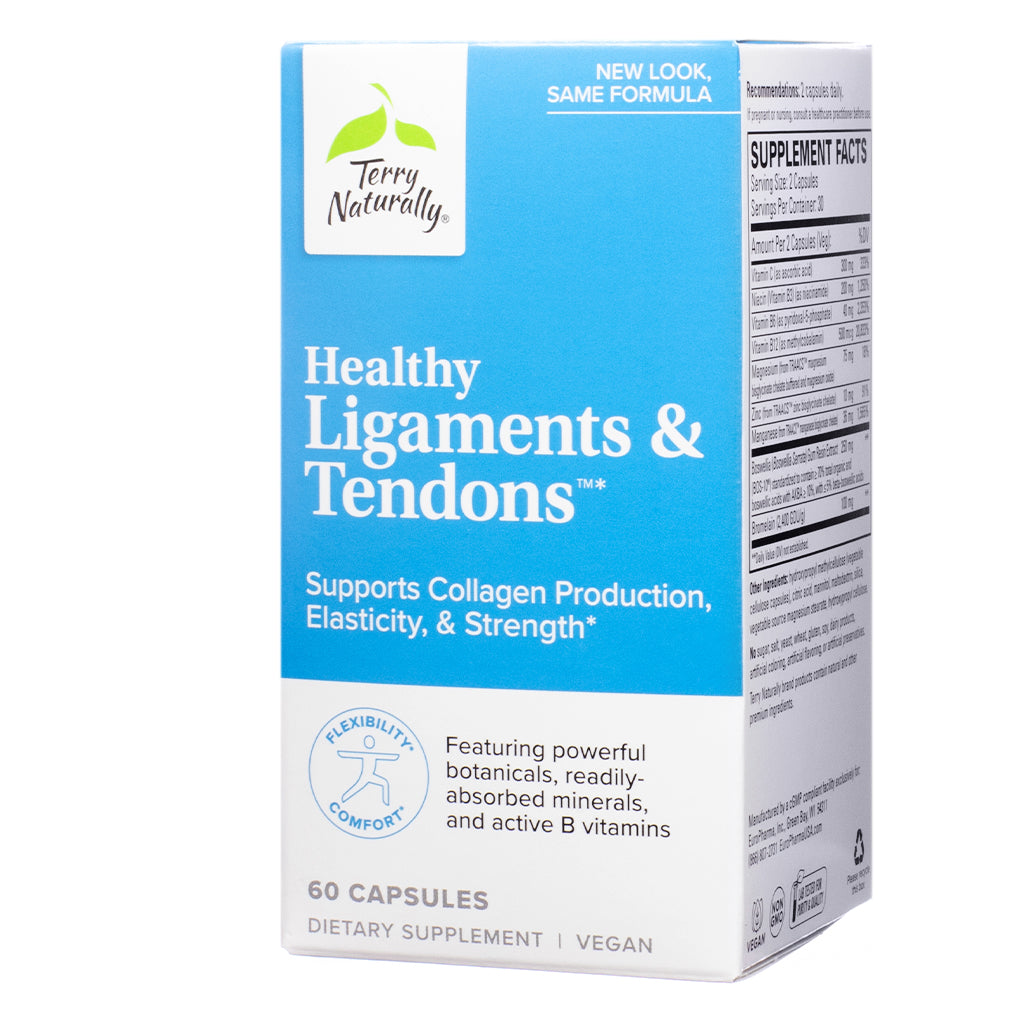 Front view of Terry Naturally Healthy Ligaments & Tendons 60 Capsules dietary supplement box, highlighting collagen support and vegan formulation.