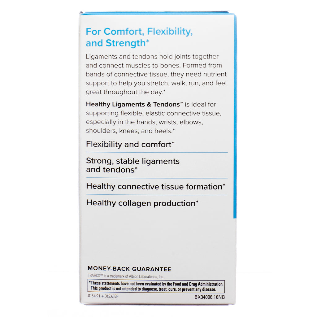 Side panel of Terry Naturally Healthy Ligaments & Tendons 60 Capsules box listing benefits for comfort, flexibility, and connective tissue support.