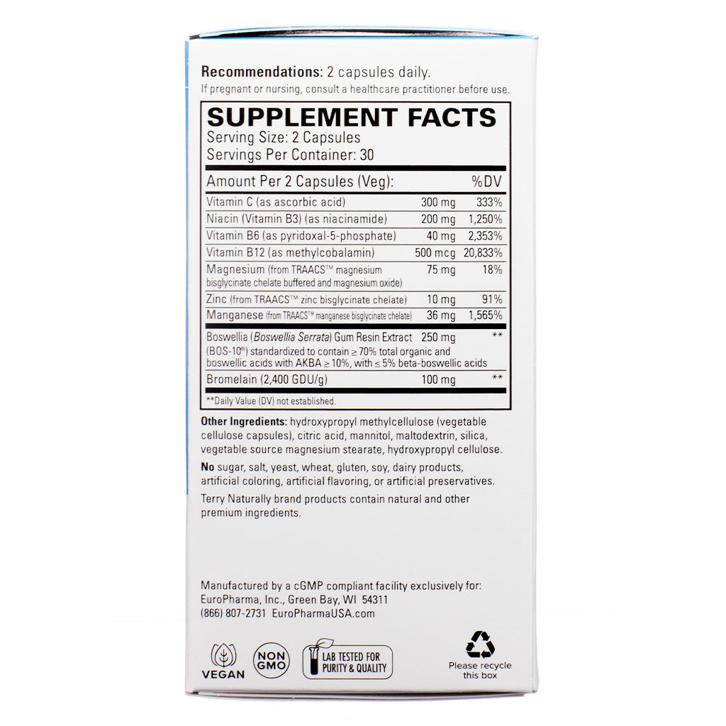 Supplement facts panel of Terry Naturally Healthy Ligaments & Tendons 60 Capsules, showing ingredients like Boswellia, Bromelain, and essential vitamins and minerals.

