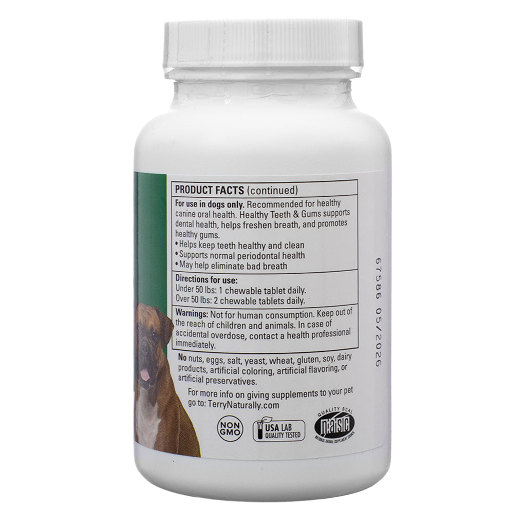 The side label of Terry Naturally Healthy Teeth & Gums, 60 Chewable Tablets, displaying usage instructions and warnings. It specifies that the product is for dogs only and provides dosage recommendations based on weight. The label also warns against human consumption and highlights that the product is non-GMO and lab-tested.