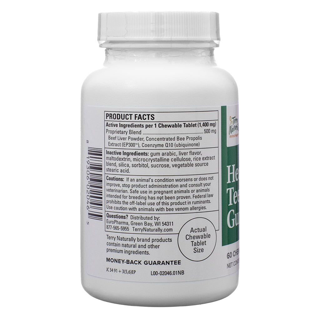 The product facts panel of Terry Naturally Healthy Teeth & Gums, 60 Chewable Tablets, listing active and inactive ingredients. It includes a proprietary blend of beef liver powder, concentrated bee propolis extract, and Coenzyme Q10. The label also provides cautions regarding animal health and safety.