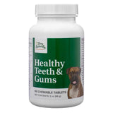 The front view of Terry Naturally Healthy Teeth & Gums, 60 Chewable Tablets, in a white plastic bottle with a green and white label. The label features an image of a Boxer dog and highlights the product’s purpose of supporting canine dental health. It is designed to promote fresh breath, healthy gums, and strong teeth.