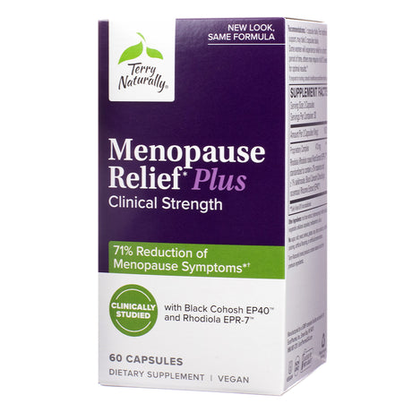 Box of Terry Naturally Menopause Relief Plus Clinical Strength featuring a purple and white design with callouts for 71% reduction of menopause symptoms, vegan formula, and 60 capsules per box. Highlights include Black Cohosh EP40 and Rhodiola EPR-7, clinically studied for symptom relief.