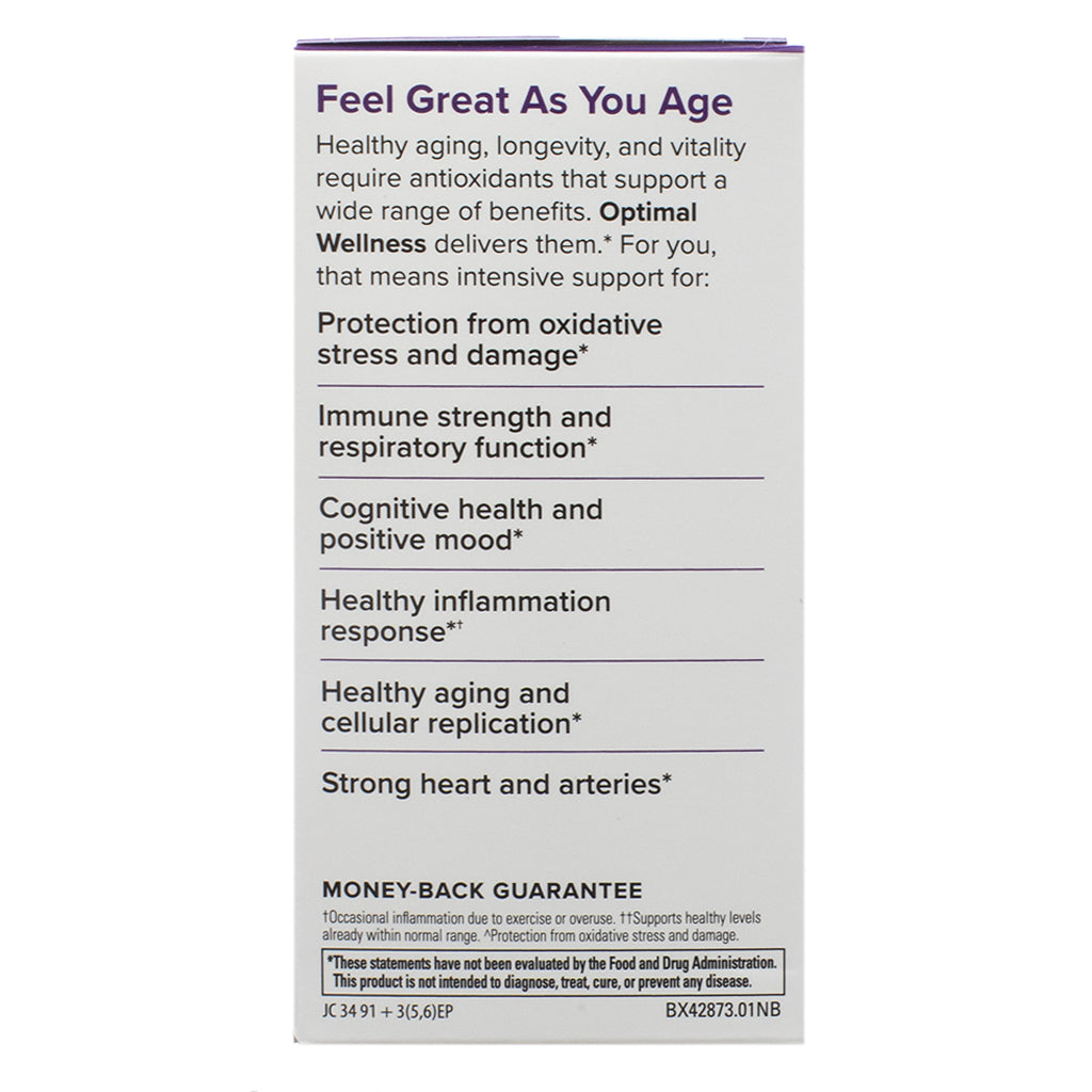 A close-up of the Terry Naturally Optimal Wellness 30 Capsules box displaying benefits for healthy aging. The panel highlights antioxidant support for oxidative stress protection, immune strength, cognitive health, inflammation response, and heart health. The text includes a disclaimer that these statements have not been evaluated by the FDA.