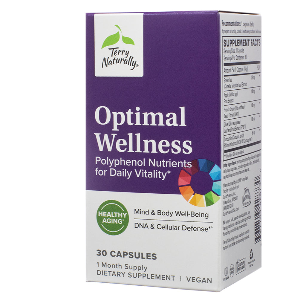 The front of the Terry Naturally Optimal Wellness 30 Capsules box, a dietary supplement for daily vitality. The purple and white box features a green Terry Naturally logo and a circular multicolor design. The label highlights polyphenol nutrients, mind and body well-being, and cellular defense support.