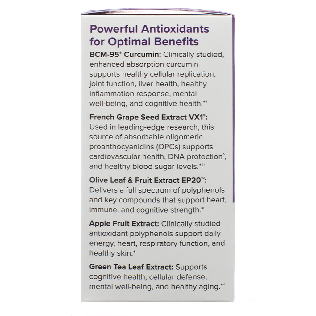 The side panel of the Terry Naturally Optimal Wellness 30 Capsules box, listing key ingredients and their benefits. Ingredients include BCM-95® curcumin for inflammation support, French grape seed extract for cardiovascular health, and olive leaf extract for immune function. Additional extracts such as apple fruit and green tea support energy, cognitive health, and aging.