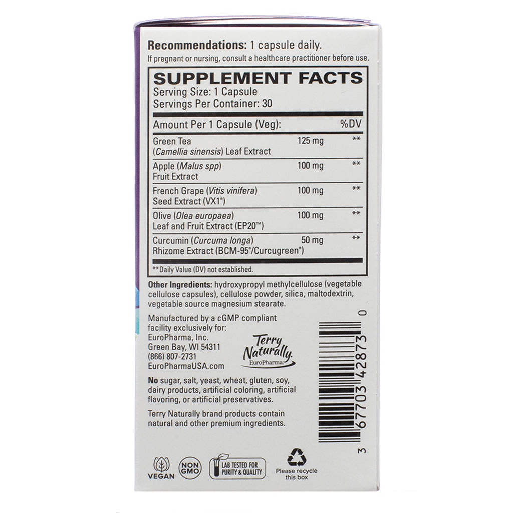 A close-up of the supplement facts panel on the Terry Naturally Optimal Wellness 30 Capsules box. It lists serving size as one capsule and key ingredients such as green tea extract, apple fruit extract, French grape seed extract, olive leaf extract, and curcumin extract. The panel also notes that the supplement is vegan, non-GMO, and lab-tested for purity.