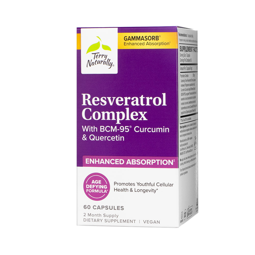 Box of Terry Naturally Resveratrol Complex capsules, featuring a bold purple and white label with text highlighting key ingredients: BCM-95 Curcumin and Quercetin. The packaging promotes enhanced absorption and “Age-Defying Formula” for youthful cellular health and longevity, with 60 vegan capsules per box.