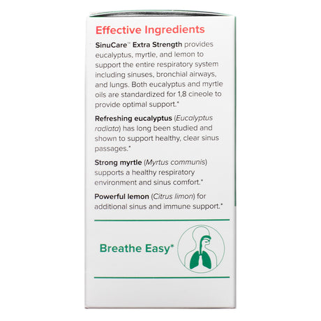 Informational panel on Terry Naturally SinuCare Extra Strength package highlighting effective ingredients like eucalyptus, myrtle, and lemon oil for respiratory support and sinus comfort.