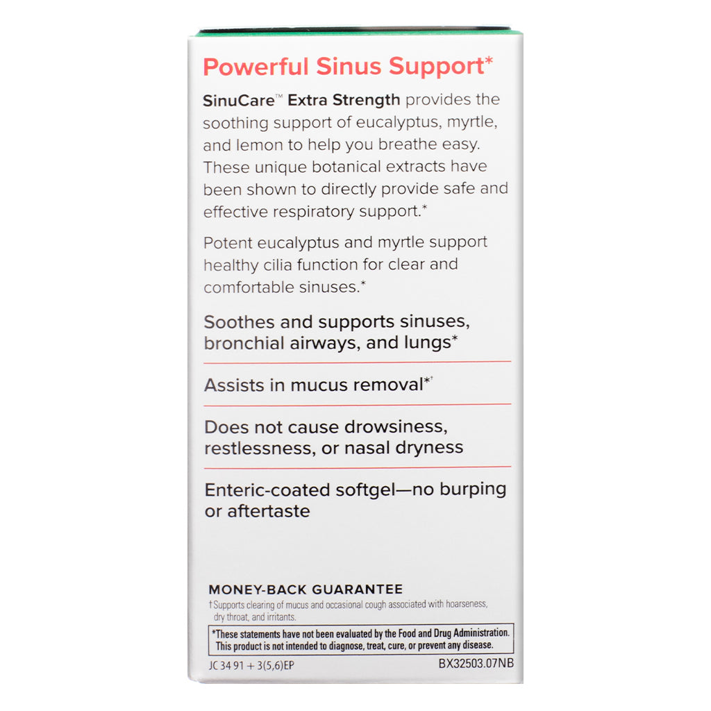 Side panel of Terry Naturally SinuCare Extra Strength displaying product benefits such as sinus and bronchial support, mucus removal, and a non-drowsy formula in an enteric-coated softgel.