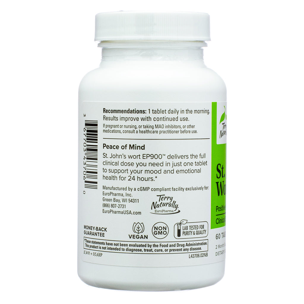 The back of the Terry Naturally St. John’s Wort 900 bottle, displaying dosage recommendations, product benefits, and manufacturing details. It highlights the clinical strength St. John’s wort EP900 extract for mood and emotional support, a non-GMO and vegan formula.