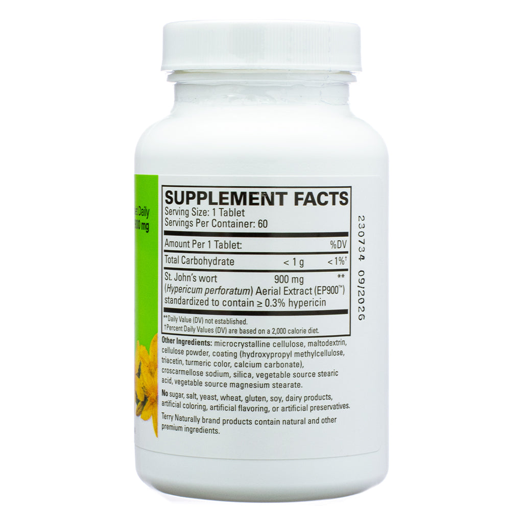 The supplement facts panel of Terry Naturally St. John’s Wort 900, showing a serving size of one tablet containing 900 mg of St. John’s wort extract (EP900). Additional ingredients include cellulose-based excipients, turmeric color, and vegetable-sourced magnesium stearate.