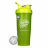 Neon green BlenderBottle with 'Find Your Healthy Place' branding and a genuine product seal on the side. Includes a flip-top spout and a wire whisk ball for mixing drinks or supplements.