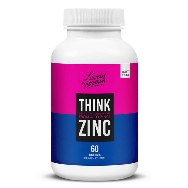 Lively Vitamin Co. Think Zinc 60 lozenges dietary supplement bottle with a bold pink and blue design. The label highlights 'Healthy immune support from A to Zinc!' and emphasizes its Vitamin C and Zinc content.