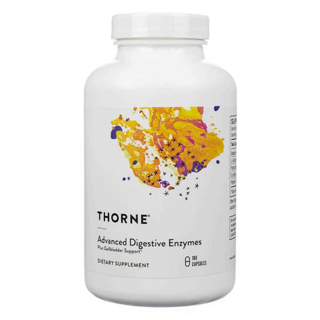 The product shown is Thorne Advanced Digestive Enzymes, a dietary supplement in a white bottle containing 180 capsules. It supports digestive health and includes additional gallbladder support, with vibrant orange and yellow artwork on the label.