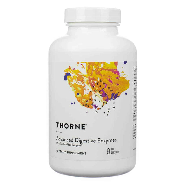 The product shown is Thorne Advanced Digestive Enzymes, a dietary supplement in a white bottle containing 180 capsules. It supports digestive health and includes additional gallbladder support, with vibrant orange and yellow artwork on the label.