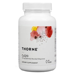 Thorne Research CoQ10 gelcaps white bottle with watercolor label, 100 mg ubiquinone dietary supplement, 60 gelcaps