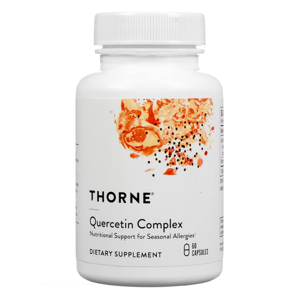 A white bottle with an orange and red abstract watercolor design displaying "Thorne Quercetin Complex." The label highlights nutritional support for seasonal allergies, providing 60 capsules as a dietary supplement.