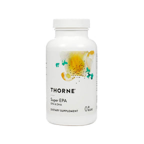 Thorne Research Super EPA gelcaps white bottle with yellow and green label, 90 gelcaps dietary supplement