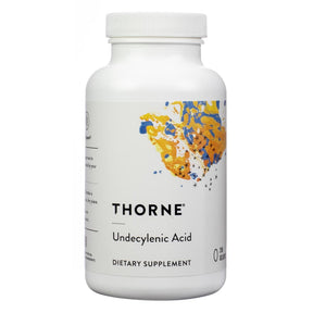 Thorne Research Undecylenic Acid gelcaps white bottle with white label and orange-blue abstract design, 250 count