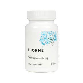 Thorne Research Zinc Picolinate 30 mg capsules white bottle with blue abstract label, 60 capsules