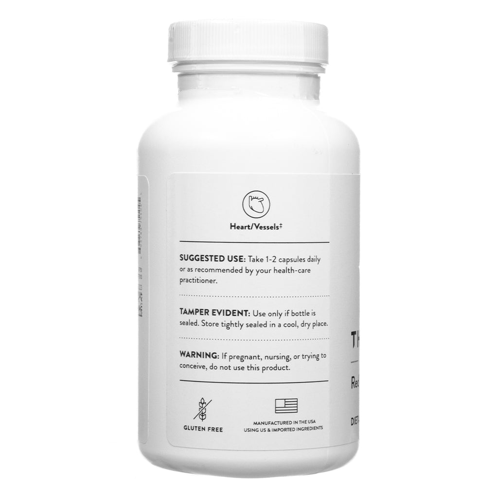 A white supplement bottle with a clean, minimalist design shows the back label. It includes suggested use instructions (take 1–2 capsules daily), tamper evident warning, pregnancy warning, gluten-free certification, and a note that it's manufactured in the USA using U.S. and imported ingredients.