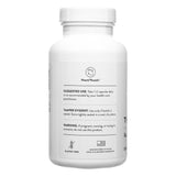A white supplement bottle with a clean, minimalist design shows the back label. It includes suggested use instructions (take 1–2 capsules daily), tamper evident warning, pregnancy warning, gluten-free certification, and a note that it's manufactured in the USA using U.S. and imported ingredients.