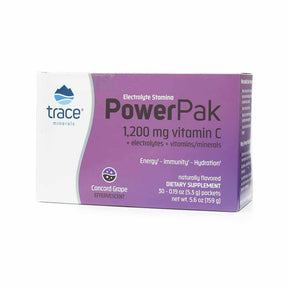 Trace Minerals Electrolyte Stamina Power Pak Concord Grape box, purple and white, 30 effervescent packets, 5.6 oz