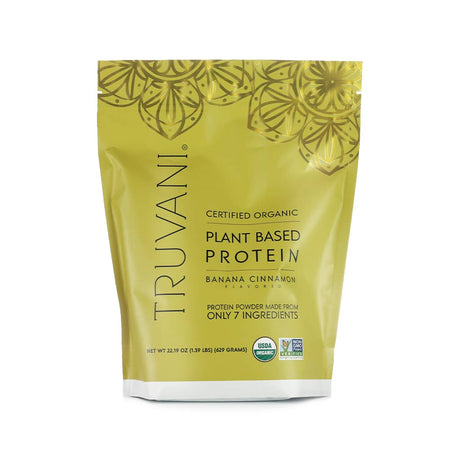 A yellow pouch of Truvani Certified Organic Plant Based Protein Powder in banana cinnamon flavor, made from only 7 ingredients, USDA organic, and non-GMO verified, weighing 22.19 oz (629g). 