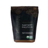 A black pouch of Truvani Certified Organic Plant Based Protein Powder in chocolate flavor, made from only 6 ingredients, USDA organic, and non-GMO verified, weighing 23.65 oz (670g). 