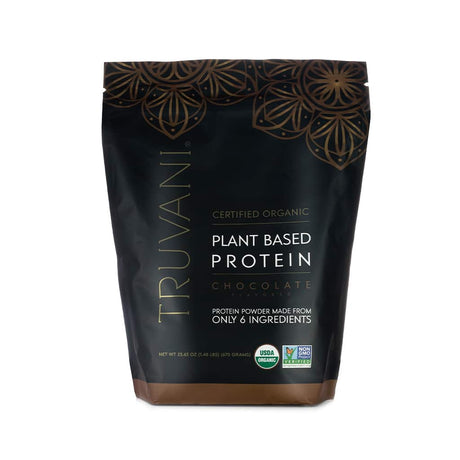 A black pouch of Truvani Certified Organic Plant Based Protein Powder in chocolate flavor, made from only 6 ingredients, USDA organic, and non-GMO verified, weighing 23.65 oz (670g). 